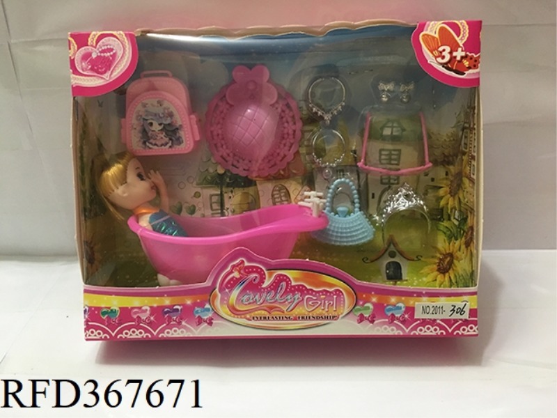 3 INCH SMALL BARBIE WITH BATH + 10 PIECE SET