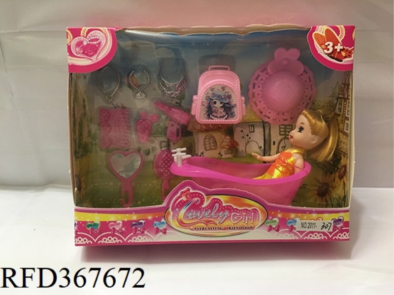 3 INCH SMALL BARBIE WITH BATH + 10 PIECE SET