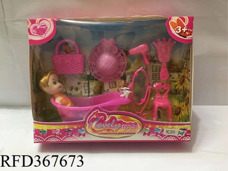 3 INCH SMALL BARBIE WITH BATH + 6 PIECE SET