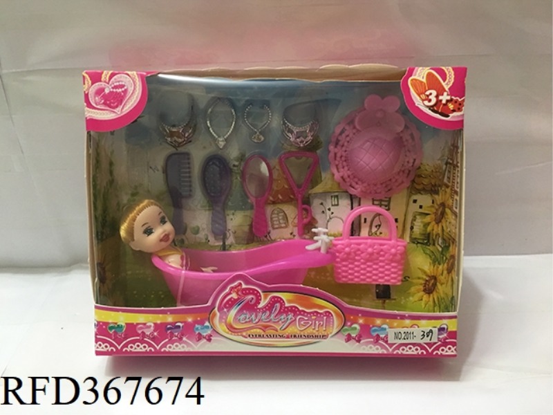 3 INCH SMALL BARBIE WITH BATH + 10 PIECE SET