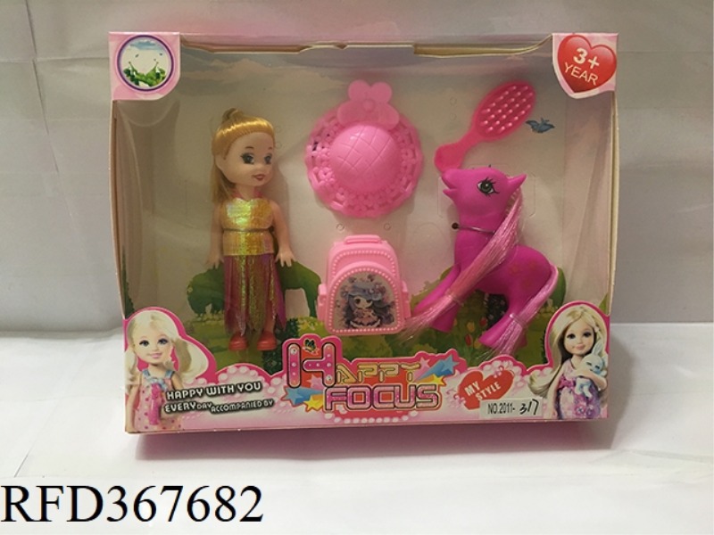3 INCH SMALL BARBIE WITH SUGAR GUM HORSE + 3 PIECE SET