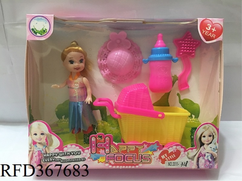 3 INCH SMALL BARBIE WITH SHOPPING CART + 3 PIECE SET