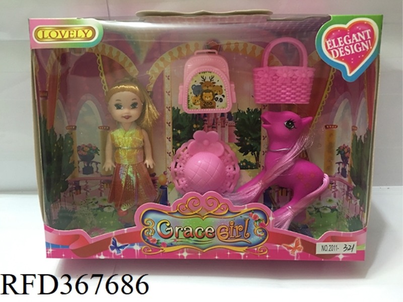 3 INCH SMALL BARBIE WITH SUGAR GUM HORSE + 3 PIECE SET