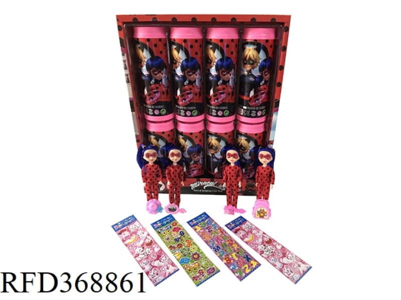 7-INCH LADYBUG COKE BOTTLE. WITH HAIRPIN CAP. SCHOOLBAG. COMB MIRROR. COLOR STICKERS.