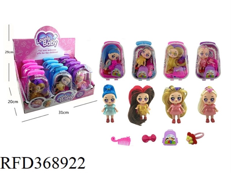 BARBIE TROLLEY CASE WITH COMB, BOWKNOT, SCHOOL BAG, FLOWER CLIP, FOUR MIXED 12PCS