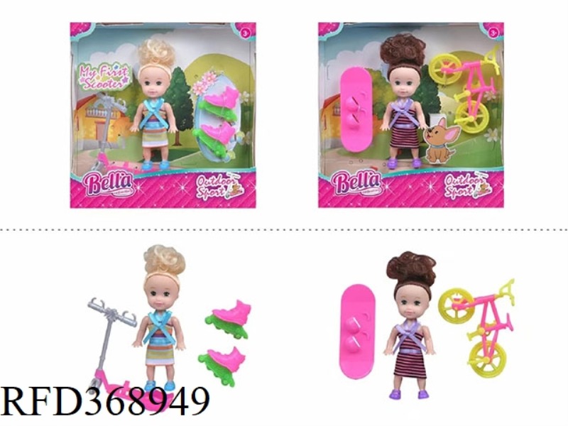 3 INCH SOLID BODY FASHION KIDS WITH SKATEBOARDS AND ROLLER SKATING BIKES IN TWO ASSORTMENTS