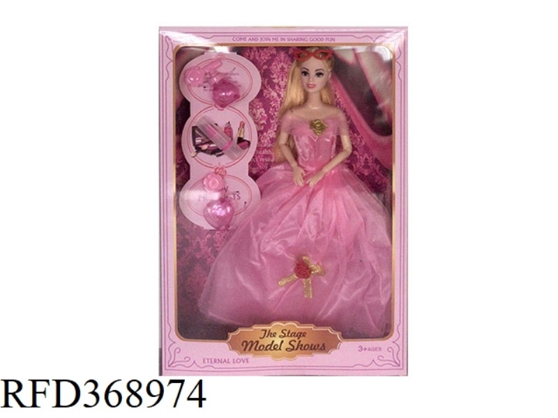 11.5 INCH SOLID BODY BARBIE 9 JOINT WEDDING DRESS WITH GLASSES, PERFUME BOTTLE AND 2 LIPSTICK