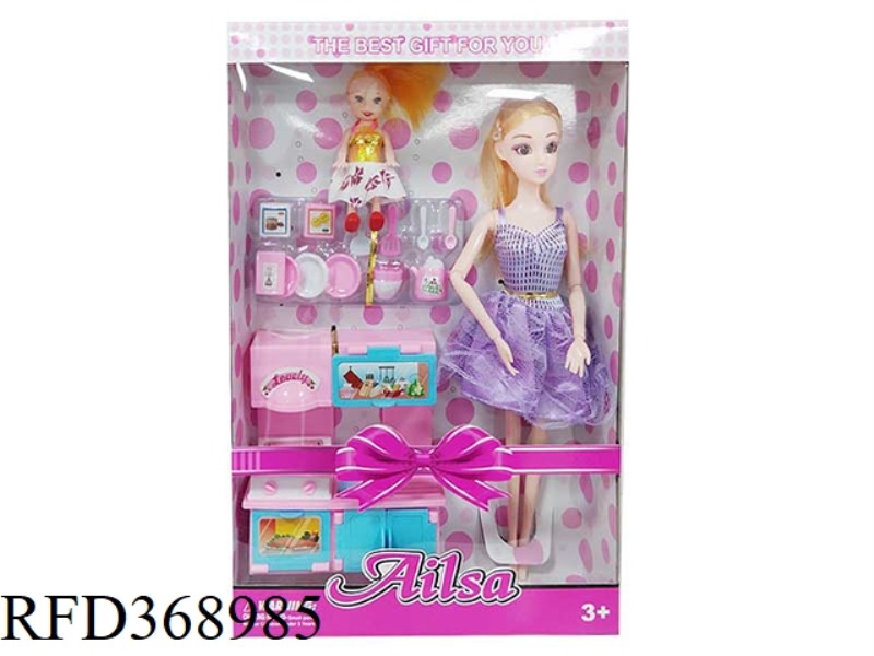 11.5 INCH SOLID BODY BARBIE WITH 9 JOINTS AND 3 INCH CHILDREN WITH KITCHEN UTENSILS, STOVE, BOWLS AN