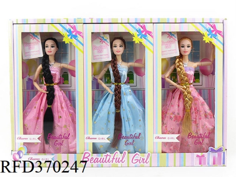 11.5-INCH JOINTS, HIGH-END SOLID BODY LONG HAIR AND BIG BRAID WEDDING DRESS, BARBIE DISPLAY BOX, 3 T