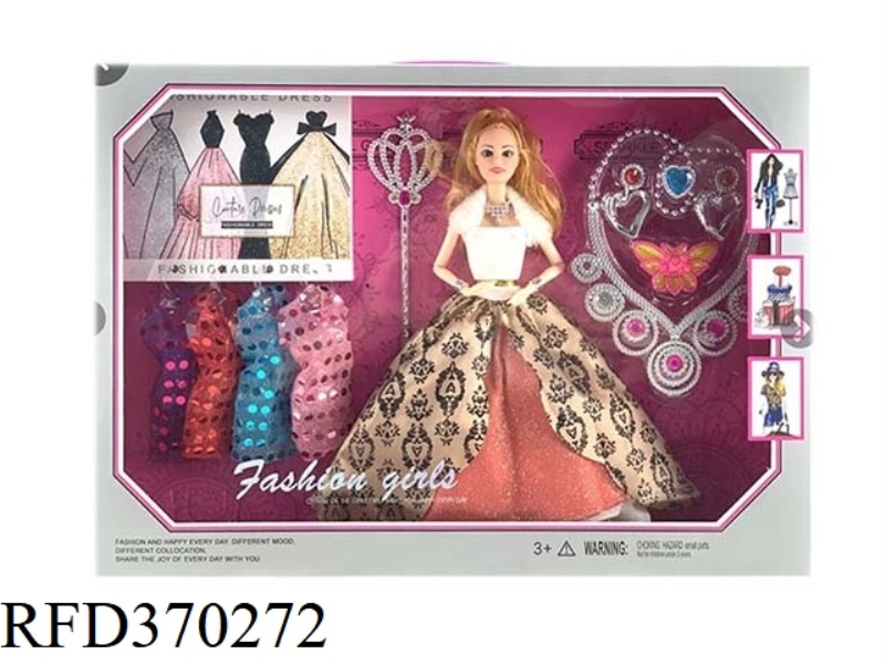 11 JOINTS 11.5-INCH SOLID BODY LONG HAIR FASHION BARBIE WITH COLORFUL DRESS, MAGIC WAND, NECKLACE AC