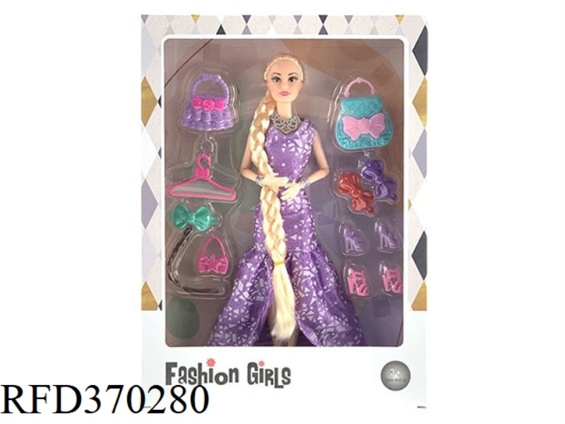 11.5-INCH 9-JOINT SOLID DRESS WITH BIG BRAID BARBIE WITH HANDBAG, SHOE BAG, HANGER AND OTHER BLISTER