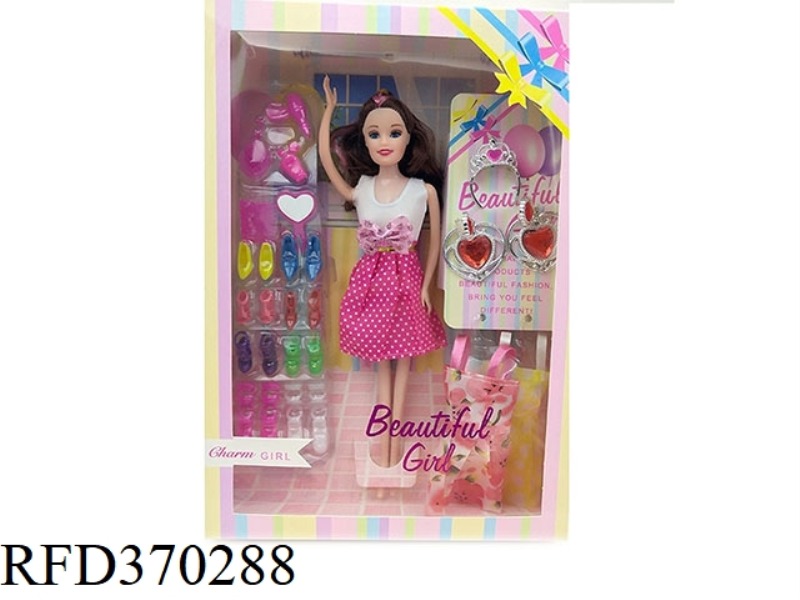 11.5-INCH SOLID BARBIE WITH CROWN, EARRINGS, HAIR DRYER, SHOES AND OTHER BLISTER ACCESSORIES