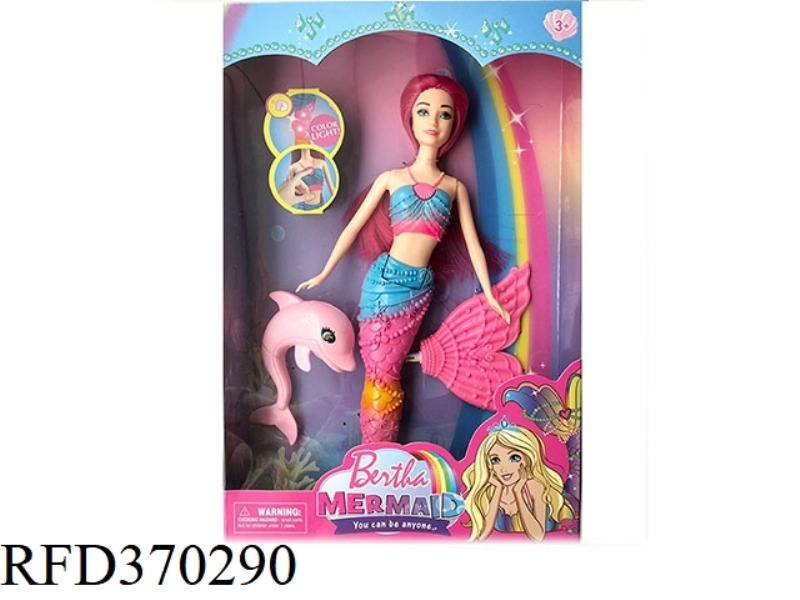 14 INCH REAL MERMAID WITH LIGHT AND MUSIC THEME WITH DOLPHIN