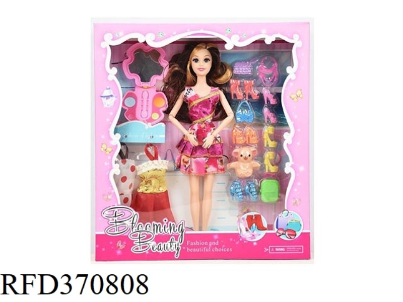 11.5 INCH SOLID BODY 11 JOINT FASHION SHORT SKIRT PRINCESS BARBIE WITH SHOES, BLISTER MAKEUP BOX AND
