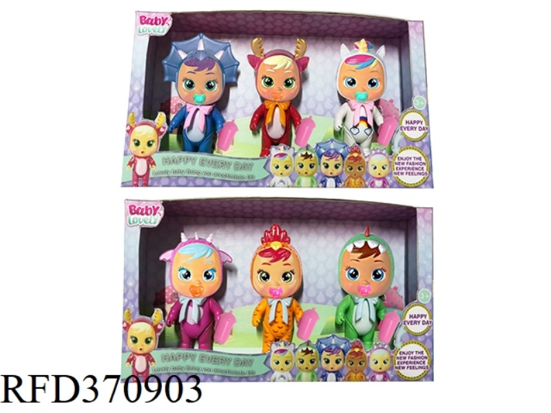 6-INCH VINYL UNICORN CRYING DOLL WITH TEARING FUNCTION WITH MILK BOTTLE, PACIFIER, SCARF 6 ASSORTED