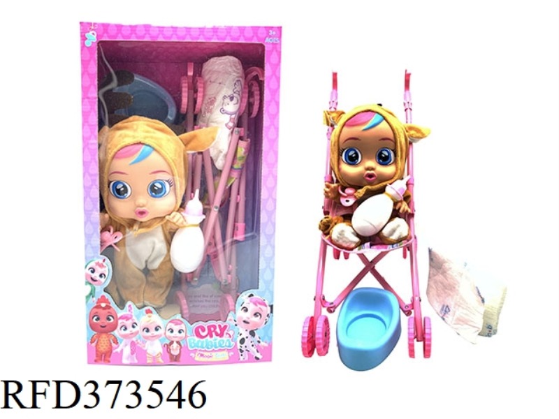 THE 14-INCH VINYL CRYING DOLL CAN DRINK WATER AND SHED TEARS WITH FOUR-TONE MUSIC. REINDEER STYLE WI
