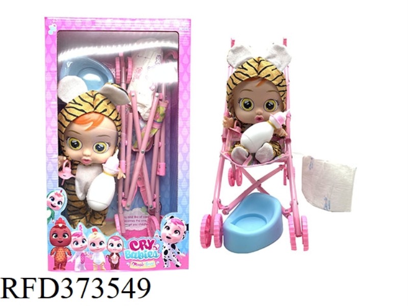 THE 14-INCH VINYL CRYING DOLL CAN DRINK WATER AND REALLY SHED TEARS WITH FOUR TONES OF MUSIC, TIGER