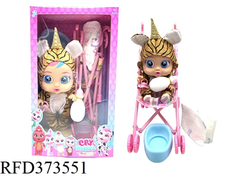 THE 14-INCH VINYL CRYING DOLL CAN DRINK WATER AND SHED TEARS. WITH FOUR-TONE MUSIC, THE UNICORN TIGE