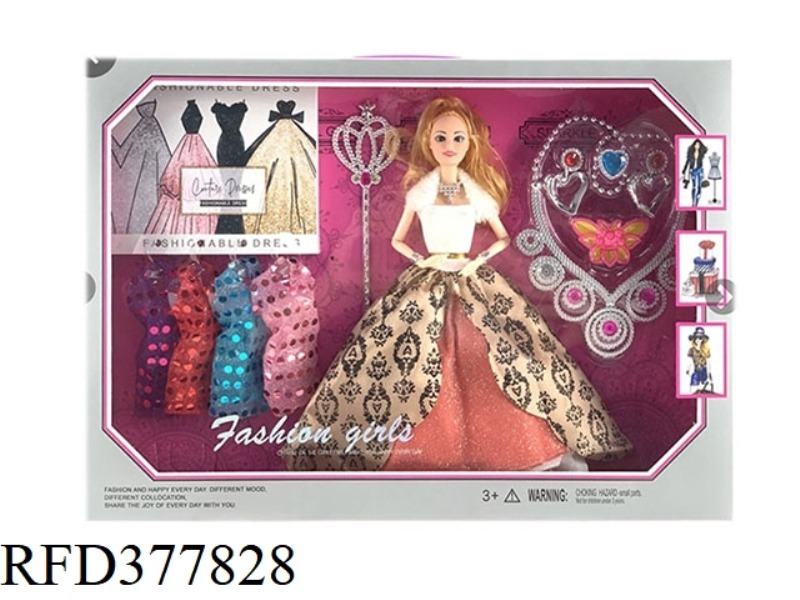11 JOINTS 11.5-INCH SOLID BODY LONG HAIR FASHION BARBIE WITH COLORFUL DRESS, MAGIC WAND, NECKLACE AC