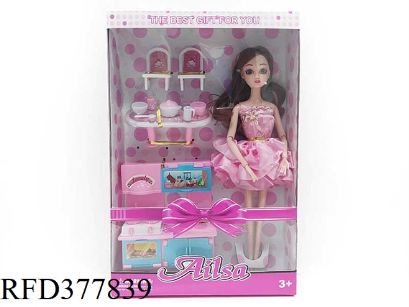 11.5 INCH SOLID BODY BARBIE 9 JOINT COOKTOP CHAIR WITH KITCHENWARE