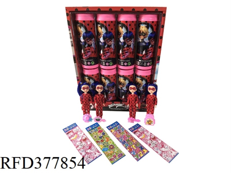 7-INCH LADYBUG COLA BOTTLE. WITH HAIRPIN CAP. SCHOOLBAG. COMB MIRROR. COLOR STICKERS FOUR MIXED 8PCS