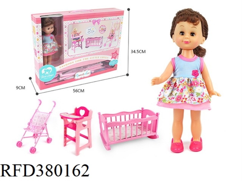 14-INCH BEAUTIFUL GIRL THREE-IN-ONE (BABY BED + CHAIR + STROLLER)