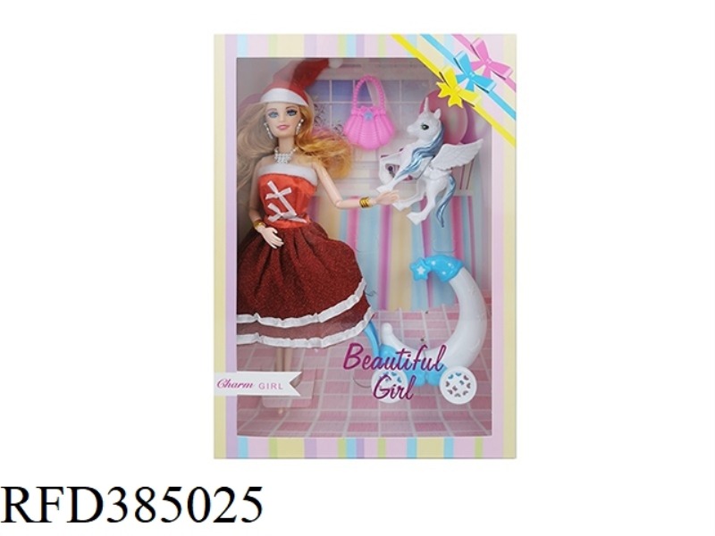 11.5-INCH 9-JOINT SOLID CHRISTMAS BARBIE WITH EARRINGS, NECKLACE, BRACELET, BAG, PEGASUS CART