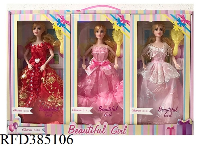 11.5 INCH 9-JOINT REAL WEDDING DRESS WITH BARBIE PYRENE WITH COMB 3 ASSORTED 3PCS