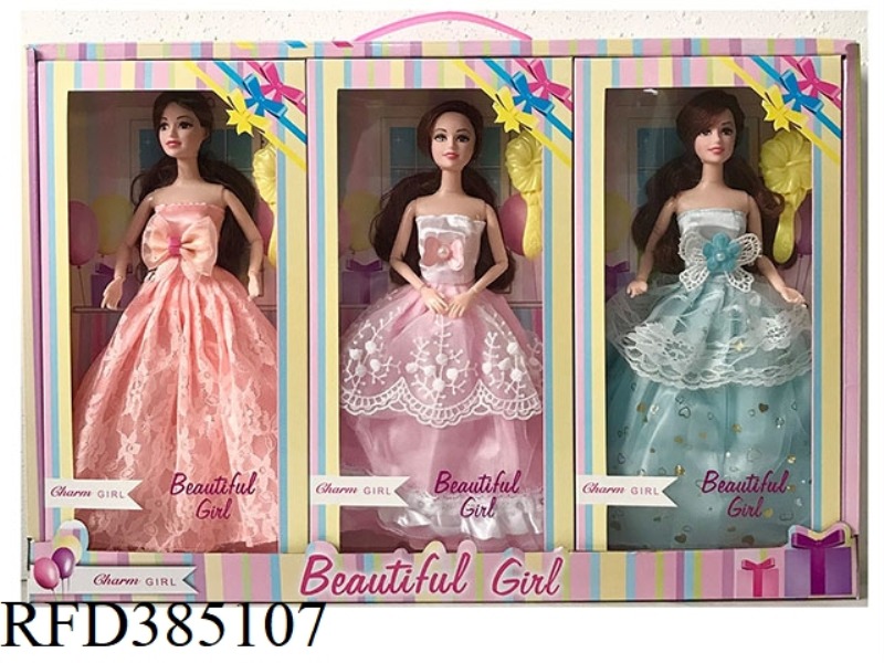 11.5 INCH 9-JOINT REAL WEDDING DRESS WITH BARBIE PYRENE WITH COMB 3 ASSORTED 3PCS