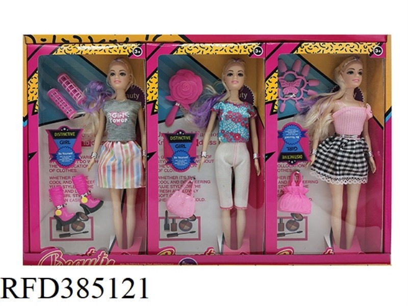 11.5-INCH 9-JOINT SOLID BODY FASHION BARBIE WITH BOOTS, BAG, MIRROR, 3 TYPES MIXED 6PCS