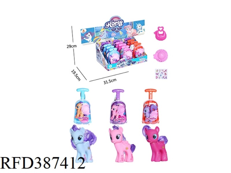 VINYL PONY SUITCASE WITH HANDBAG WITH HAT AND HORSE STICKER 12PCS MIXED