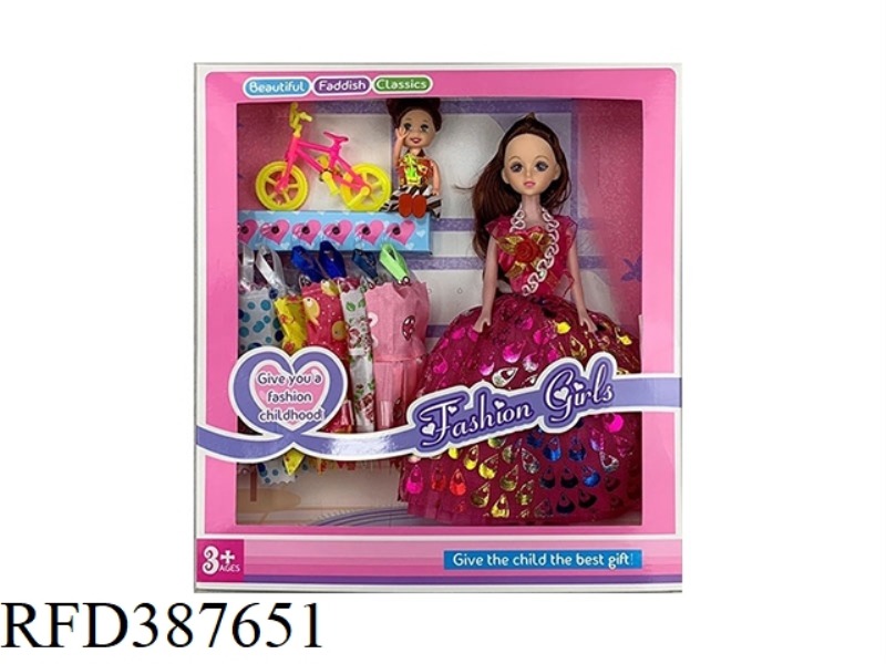 11.5 INCH AIR FASHION BIG SKIRT PRINCESS BARBIE WITH 3.5 INCH CHILDREN AND BICYCLE MULTIPLE SETS OF
