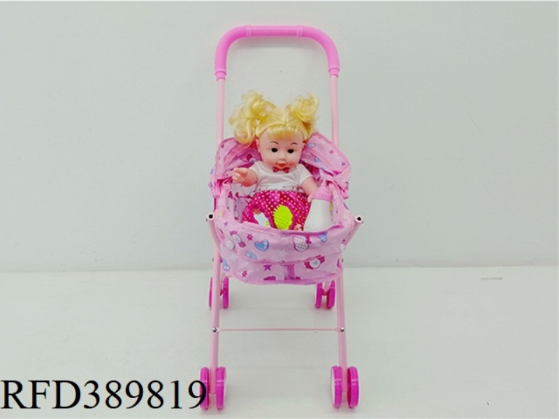 IRON TROLLEY WITH FULL VINYL DOLL + MILK BOTTLE + COMB + MIRROR