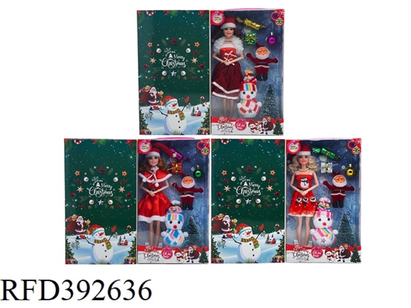 3 ASSORTED 11.5-INCH 9-JOINT REAL CHRISTMAS GIRLS BARBIE DOLL + SNOWMAN + SANTA CLAUS + CHRISTMAS TR