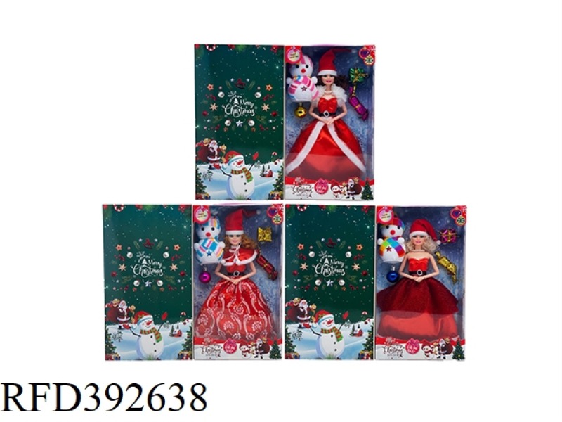 3 ASSORTED 11.5-INCH 9-JOINT SOLID BODY CHRISTMAS GIRL BARBIE DOLL + SNOWMAN + SMALL GIFT
