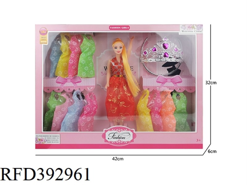 11-INCH HOLLOW BODY MID-DRESS LONG HAIR BARBIE DOLL PLUS CROWN PLUS 12 PIECES OF HANGING CLOTHES