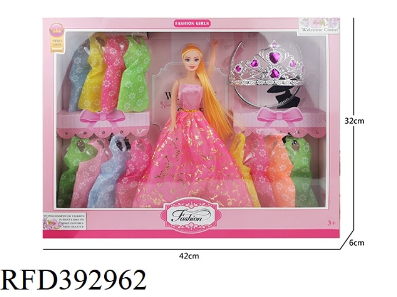 11 INCH LARGE SKIRT WITH LONG HAIR AND LONG HAIR BARBIE DOLL PLUS CROWN PLUS 12 PIECES OF CLOTHES