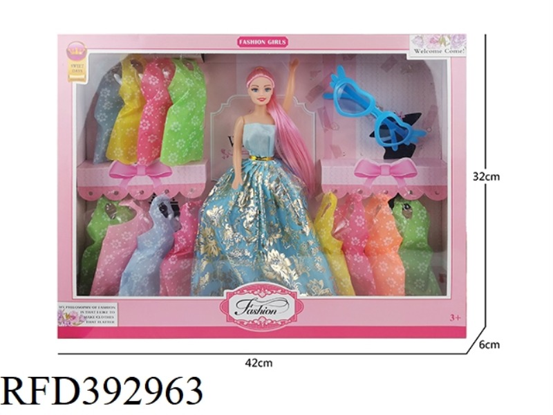 11 INCH LARGE SKIRT WITH LONG HAIR, BARBIE DOLL WITH CHILDREN'S GLASSES AND 12 PIECES OF CLOTHES