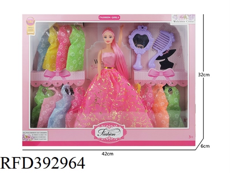 11 INCH LARGE SKIRT WITH LONG HAIR AND LONG HAIR BARBIE DOLL PLUS COMB MIRROR AND 12 PIECES OF CLOTH