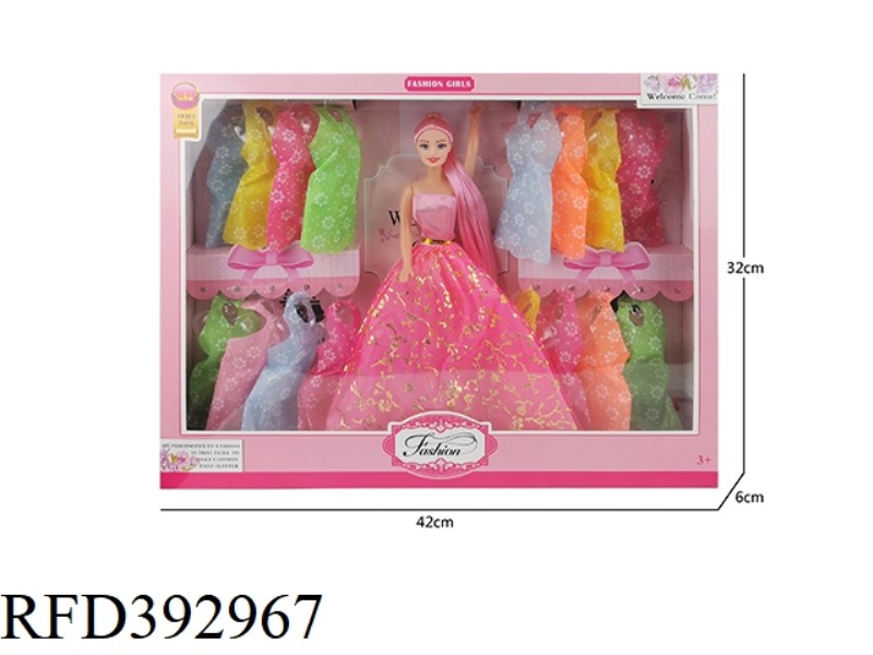 11-INCH HOLLOW BODY MID-DRESS LONG HAIR BARBIE DOLL PLUS 16 HANGING CLOTHES