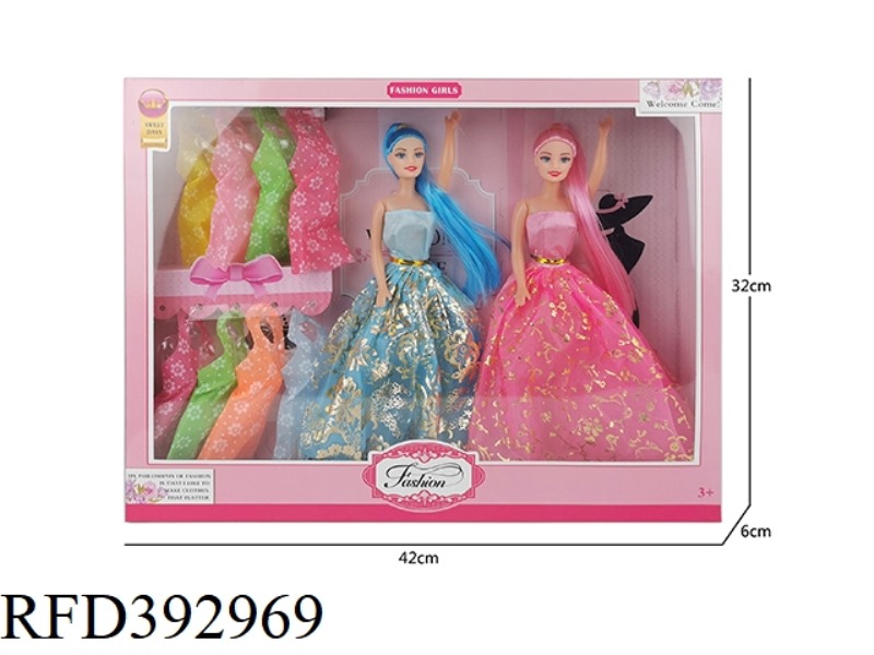 11-INCH HOLLOW TWINS LONG-HAIRED BARBIE PRINCESS PLUS 8 HANGING CLOTHES