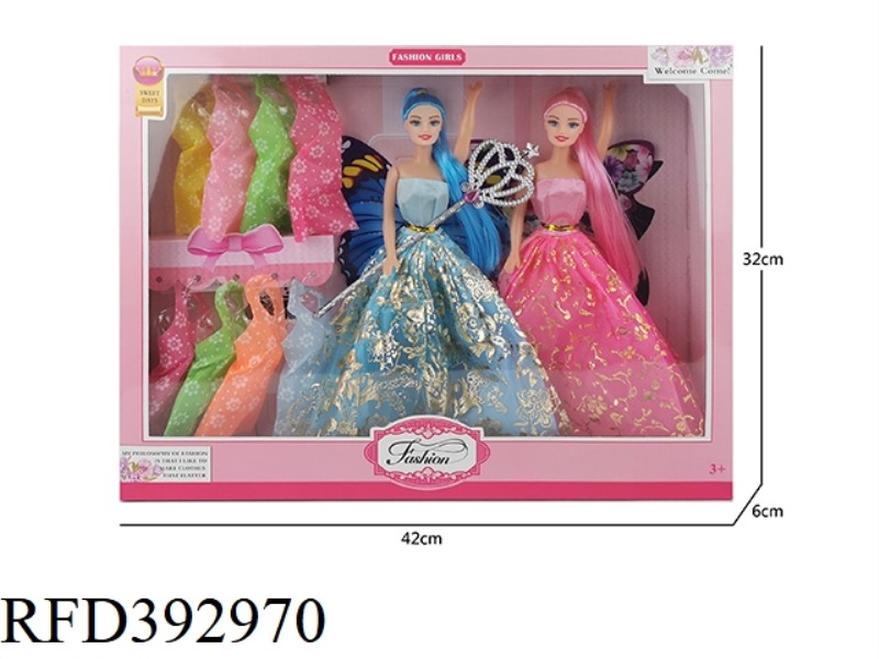 11 INCH LONG HAIR BARBIE FLOWER FAIRY PRINCESS DOUBLE OUTFIT PLUS MAGIC WAND PLUS 8 PIECES OF CLOTHE