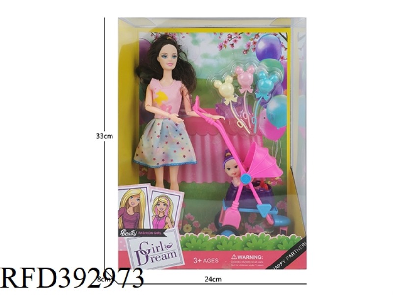 11 INCH SOLID BODY NINE-JOINT THIGH BARBIE DOLL PLUS CART PLUS SMALL KYLIE PLUS BALLOON