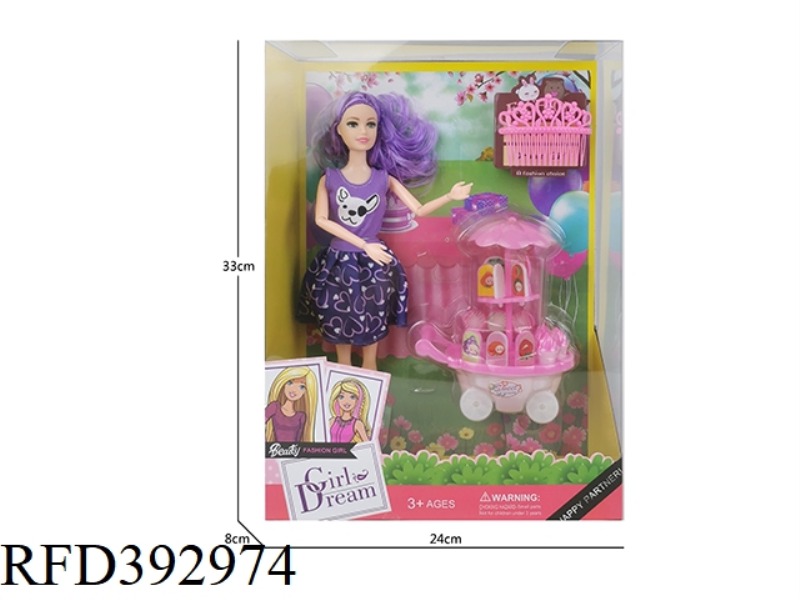 11 INCH SOLID BODY NINE JOINT THIGH BARBIE DOLL ICE CREAM CART WITH COMB