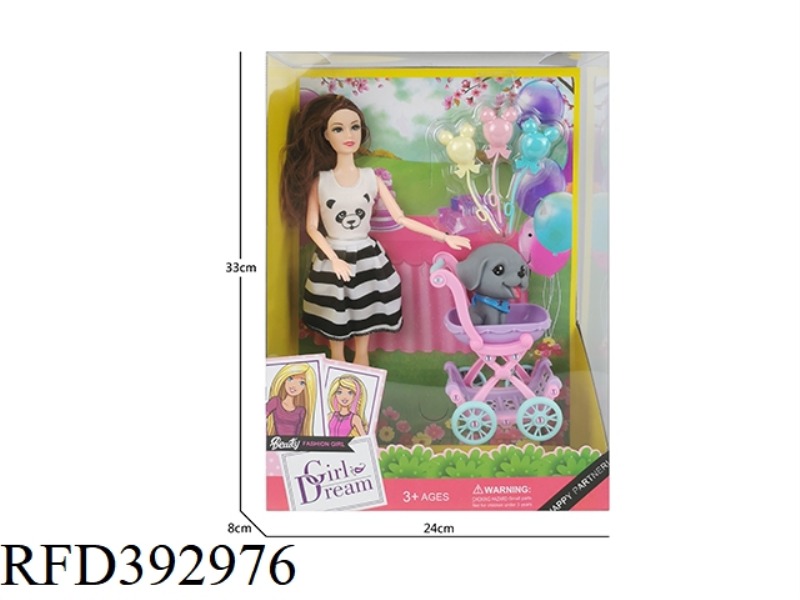 11 INCH SOLID BODY NINE-JOINT THIGH BARBIE DOLL PLUS STROLLER PLUS VINYL PUPPY PLUS BALLOON