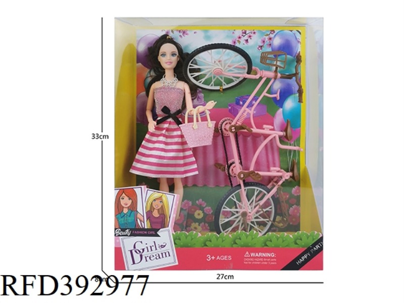 11 INCH SOLID BODY NINE JOINT THIGH BARBIE DOLL PLUS TANDEM BICYCLE PLUS SHOPPING HANDBAG