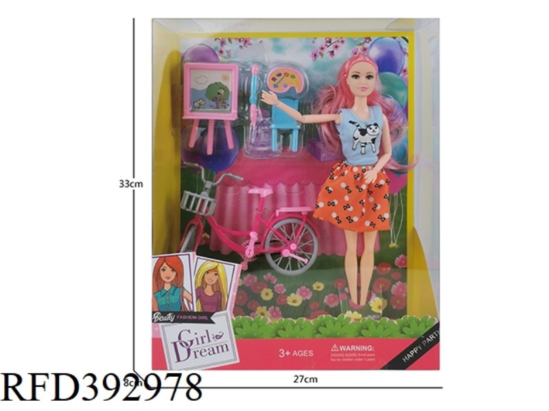 11 INCH SOLID BODY NINE JOINT THIGH BARBIE DOLL PLUS OUTDOOR SKETCHING DRAWING BOARD PLUS BICYCLE