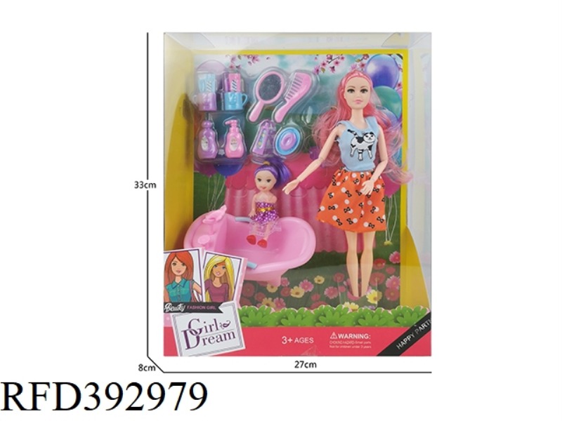 11 INCH SOLID BODY NINE-JOINT THIGH BARBIE DOLL PLUS TOILETRY SET, BLISTER PLUS BATH, PLUS SMALL KEL