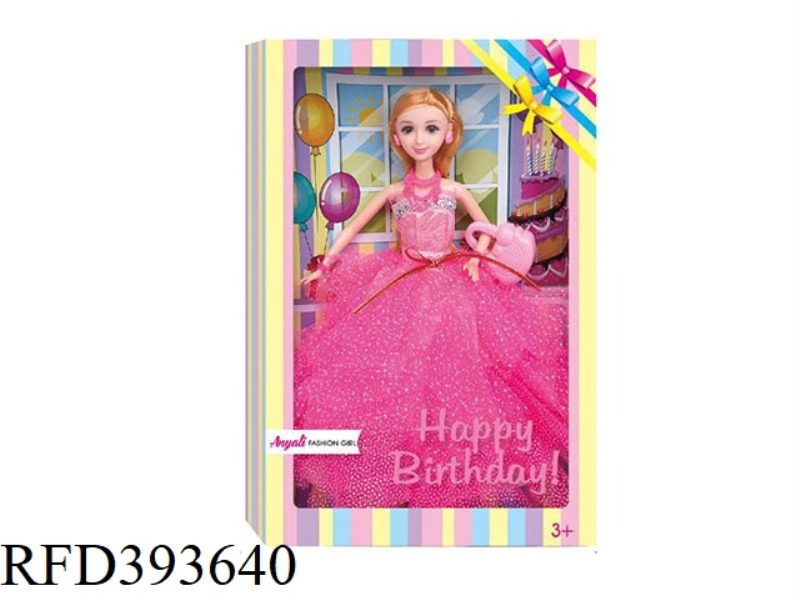 3D REAL EYEBALL FASHION 11.5-INCH SOLID BODY BIRTHDAY THEME RED LONG SKIRT GIRL WITH HANDBAG