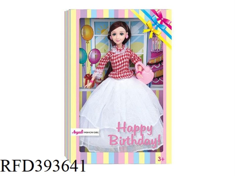 3D REAL EYEBALL FASHION 11.5-INCH SOLID BODY BIRTHDAY THEME WHITE SKIRT GIRL WITH HANDBAG